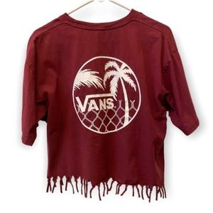 Vans Cute Cropped T Shirt Fringe Maroon Size Large Palm Trees Beach Skate